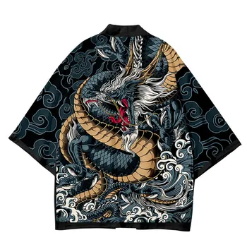 Ново пристигане японски стил дракон печат традиционен кимоно момчета юката жилетка ризи косплей Haori извънгабаритни улични облекла върхове