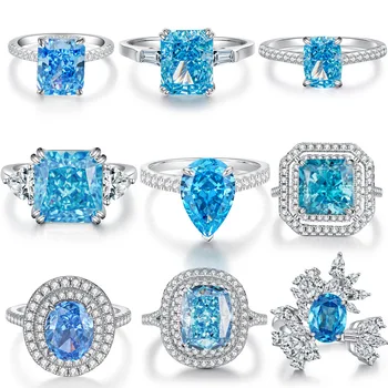 Овален син скъпоценен камък пръстен S925 стерлинги сребро фини бижута за жени момиче изумрудено нарязани лаборатория отглеждат 5А циркон високо въглероден диамант