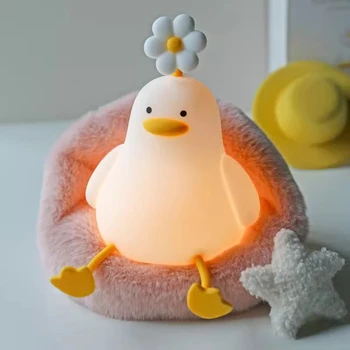 Патешка силиконова нощна светлина за деца с таймер USB акумулаторна затъмняваща се лампа за докосване Спяща спалня карикатура животински декор подарък