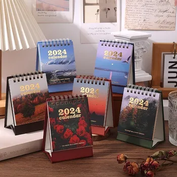 Пейзаж Тематичен малък календар за бюро 2024 Мини месечен настолен стоящ календар за планиране и организиране на дома или офиса