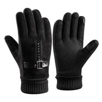 Пет пръста сгъстяват плюшени неплъзгащи се ветроупорни мотоциклетни ръкавици Топли корейски ръкавици PU кожа мъже ръкавици зимни ръкавици