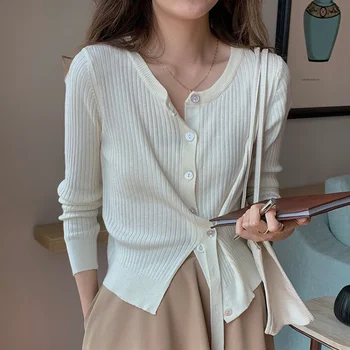 Плетена жилетка с кръгло деколте за жени 2023 Нова нередовна корейска версия Тънко прилепнало пуловер яке с дълъг ръкав