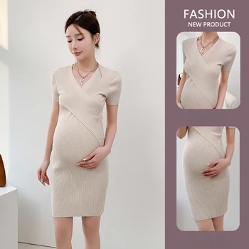 Плетена рокля за бременни жени 2023 Лятна нова тънка къс ръкав v-образно деколте рокля за кърмене Мода дишаща майчинство дрехи