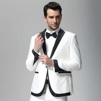 Последен дизайн Бели мъже костюми Моден връх ревера с един бутон екипировки Официално абитуриентско парти Случайни сватбени смокинг блейзър с панталони