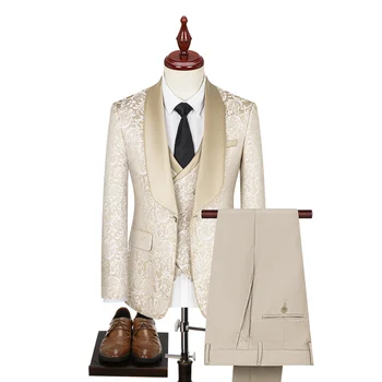 (Пролет 2024) Сватбена мода (костюм + жилетка + панталони) Мода Сватбена рокля от три части с жакардов полиестер с висока плътност