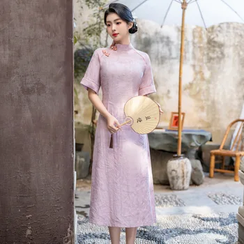 Пролет елегантен мандарин яка сатен A-линия Qipao къс ръкав Cheongsam китайски ръчно изработени копчета жените рокля