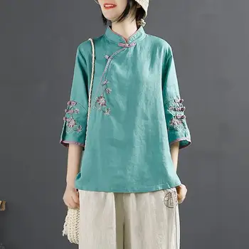 Пролет традиционен китайски бельо стойка яка бутон бродерия три четвърти ръкав Tang костюм риза жени случайни хлабав върховете
