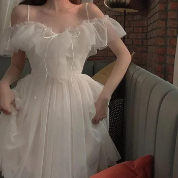 Пролетна фея рокля Mesh пачуърк дантела шифон Kawaii рокли Лято 2023 Нови жени Елегантна рокля за сладко парти Бяла женска секси