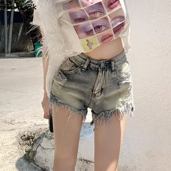 Протрити шорти жени корейски стил ретро реколта висока талия горещо лято деним Streewear асиметрични тънък секси модерен случайни