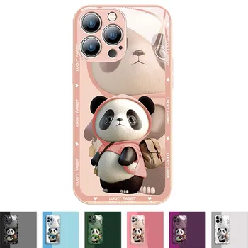 раница Panda случай за iPhone 15 14 13 12 11 Pro Max Plus закалено стъкло TPU PC мода покритие кожата