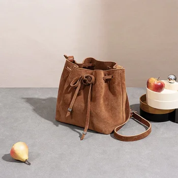 Реколта кожа Crossbody чанта с шнур и лък дизайн, корейски стил кофа чанта с матова текстура, премия и трайни