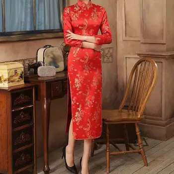 Ретро Cheongsam рокля жени китайска рокля елегантен китайски стил жените Cheongsam класически дълга цепка рокля за сватбени партита