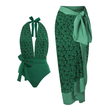 Ретро бански и пола, Ваканционна плажна рокля, Зелено винтидж плажно облекло, Дизайнерски бански костюм, Лятно сърф облекло