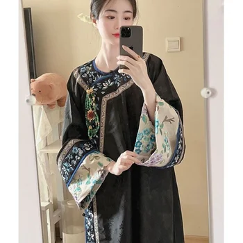 Ретро кръг врата отпечатани есенни дълъг ръкав карирана рокля за жени Qipao династия Цин косплей принцеса отгоре