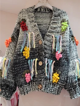 Ретро тежка индустрия игла за плетене дебела жилетка за жени ръчно изработени плетене на една кука триизмерна гроздова пискюл плетена жилетка