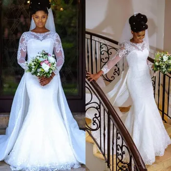 русалка сватбена рокля пълни ръкави разглобяема опашка влак бижу бял африкански нигерийски дантела булчинска рокля