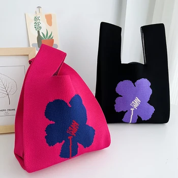 Ръчно изработена плетена чанта за жени мини възел китка-чанта женски случайни цвят широка ивица карирана пазарска чанта студент за многократна употреба пазарска чанта