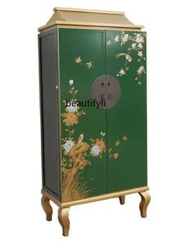 Ръчно рисуван гардероб Нов китайски стил Масивно дърво Античен гардероб Класически боядисан шкаф с голям капацитет