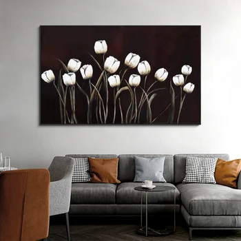 Ръчно рисувани лале цвете живопис с маслени бои абстрактно платно стена изкуство ръчно изработени черно и бяло живопис с маслени бои за хол декор