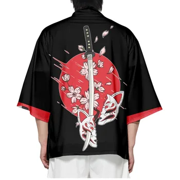 Самурай риза облекло Haori кимоно жени мъже японски азиатски streetwear юката косплей черна лисица маска печат жилетка