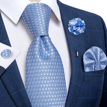 Светло синьо твърдо каре Paisley коприна мъжки 8 см вратовръзка комплект кърпичка копчета за ръкавели сватбено парти аксесоари съпруг подарък на едро