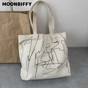 Сгъваема проста чанта за рамо за многократна употреба Платно за многократна употреба Еко пазарски чанти Голям капацитет голяма пазарска чанта за жени линия дизайн мода чанта