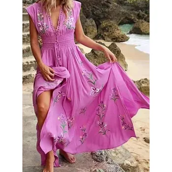 Секси лято Дамски V-образно деколте френски бохемски печатни люлка рокли къс ръкав плаж тънък годни сладък макси дантела Vestido Feminino