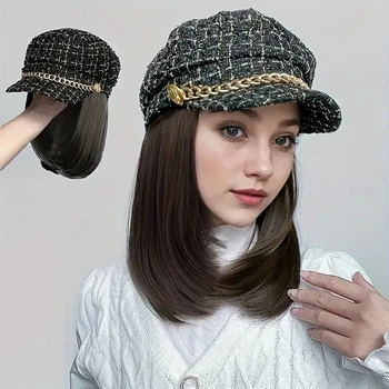 Синтетичен 10 инча къс Xiaoxiangfeng Navy шапка перука вътрешна катарама пластове нарязани права коса къса ключица шапка перука