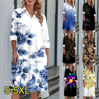 Синьо и бяло Порцеланова 3D принтирана рокля Мода Свободна рокля Лято Есен Дами Супер празник 2023 Нова дамска дълга риза