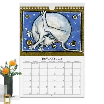 Смешен котешки календар 2024 12-месечен стенен календар 2024 със средновековни котки Снимки Декорации за дома Котешки календари за хол