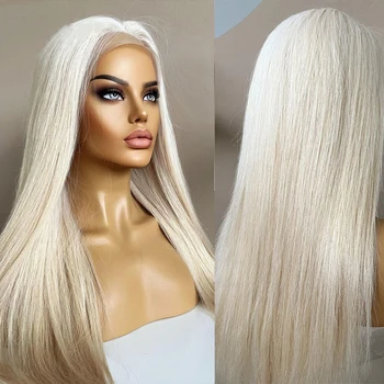 Снежанка пълна дантела перуки от човешка коса платинена блондинка права дантела отпред перука девствена бразилска коса без лепило 13x6 Hd дантелени перуки