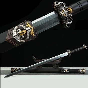 Средновековен истински стоманен меч Злато сребро мед Китай династия Хан цар меч Дамаск стомана битка готов меч остър оръжие Самурай