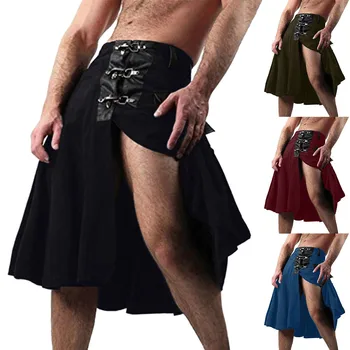 Странични поли с колани Килт Мъже Тъмен Готик Хип-хоп Пънк Рок Шотландски джобове със средна талия А линия поли Реколта национален костюм