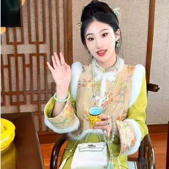 Тежка индустрия китайски стил зелен цветен печат бродирани Cheongsam рокля с жилетка жени елегантен банкет вечерни рокли
