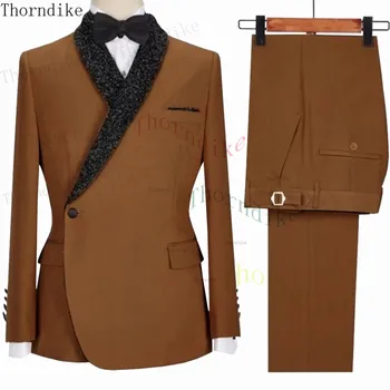 Торндайк 2023 Нова мода мъжки Khahi етап банкет плътен цвят костюм палто / мъжки тънък сватба 2 бр блейзъри яке панталони