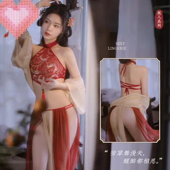 Традиционен китайски ханфу секси костюми еротично бельо изкушение пижами червени върхове окото шал марля пола бикини дамски сиут