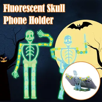 Универсален светлинен държач за телефон с череп Мобилни настолни мъже в скелетната стойка Тъмен забавен телефон Glow кошница Гъвкав Q0B6