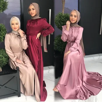 Хиджаб сатенена рокля Рамадан Мюсюлманска мода колан Abaya Дубай Турция Арабски африкански макси рокли за жени ислямски дрехи