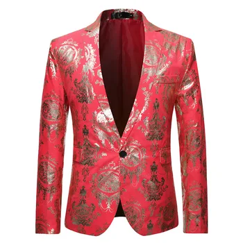 Червен цветен бронзов принт Blazer Men 2024 Марка с един бутон Tuxedo Blazer Jacket Мъжко парти Сватба Абитуриентски бал Сценичен костюм Homme