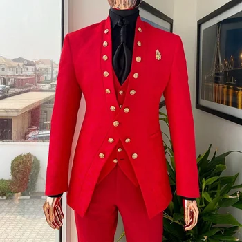 Червен цветен модел костюми за мъже сватба двуреден 3 бр тънък годни жакард бизнес младоженец смокинг (яке + панталони + жилетка)