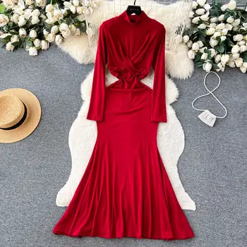 червена рокля жени мода есен зима поло дълъг ръкав русалка рокля елегантен твърда висока талия секси вечерно парти Vestidos