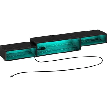 Черен стенен развлекателен център с шкаф за съхранение Rtv Плаваща телевизионна стойка с електрически контакт & LED светлина Мебели за дома