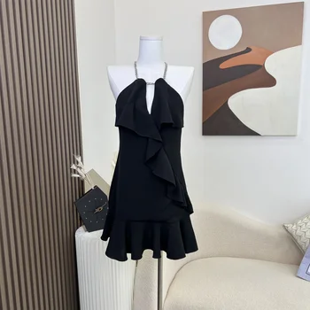 Черна секси тънка лятна рокля за жени Y2k висящи врата дизайн реколта шик рокли Елегантни парти рокли за жени 2023