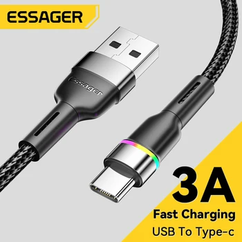 Essager USB C кабел 3A бързо зареждане LED кабел тип C кабел Бързо зарядно за телефон за Huawei Samsung Xiaomi зарядно устройство за данни